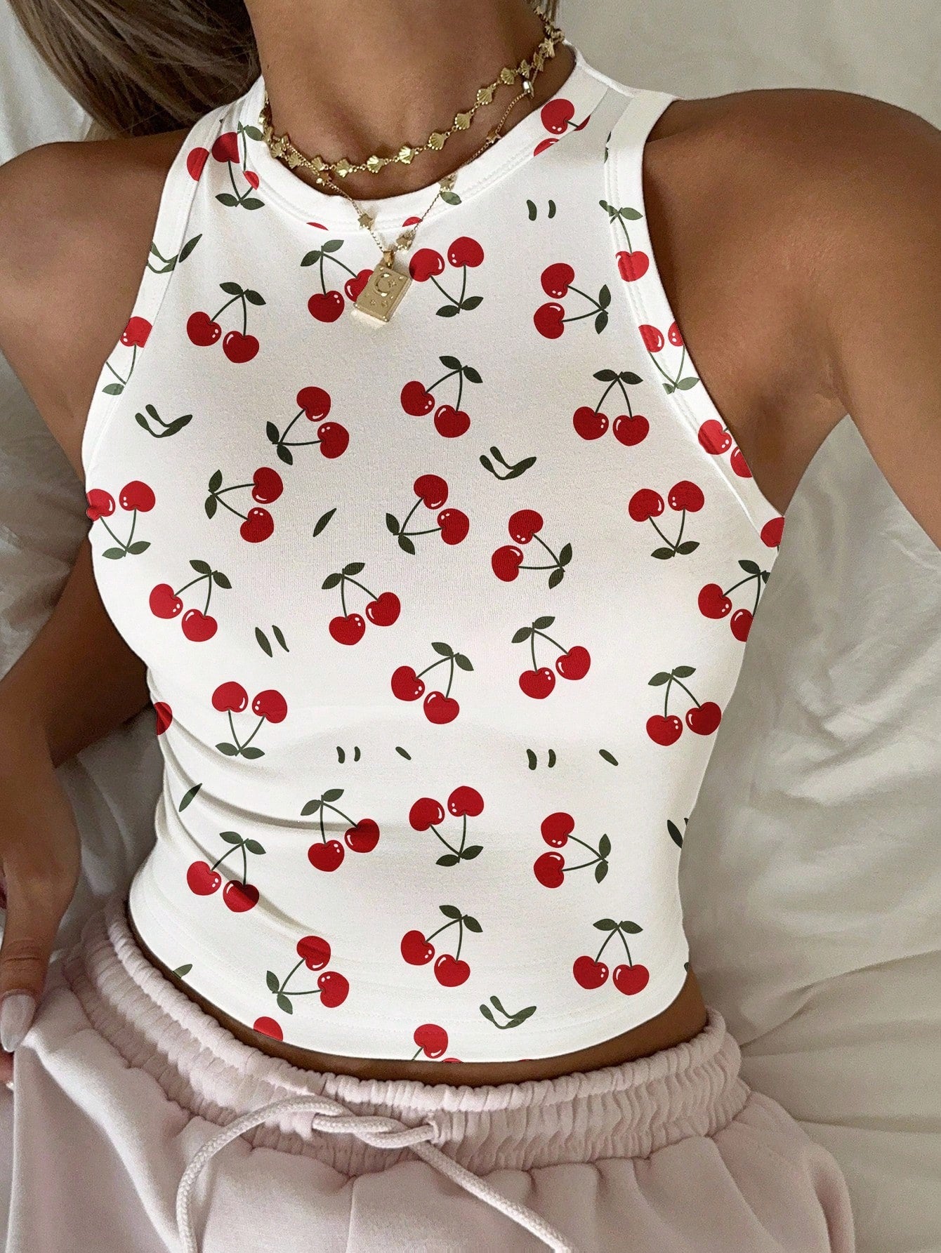 SHEIN EZwear Women's White And Red Cherry Tank Top