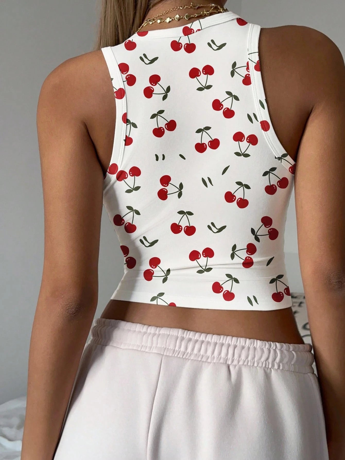 SHEIN EZwear Women's White And Red Cherry Tank Top