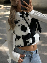 SHEIN EZwear Women's Cow Print Cropped Zip Up Lightweight Fleece Jacket