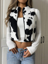 SHEIN EZwear Women's Cow Print Cropped Zip Up Lightweight Fleece Jacket
