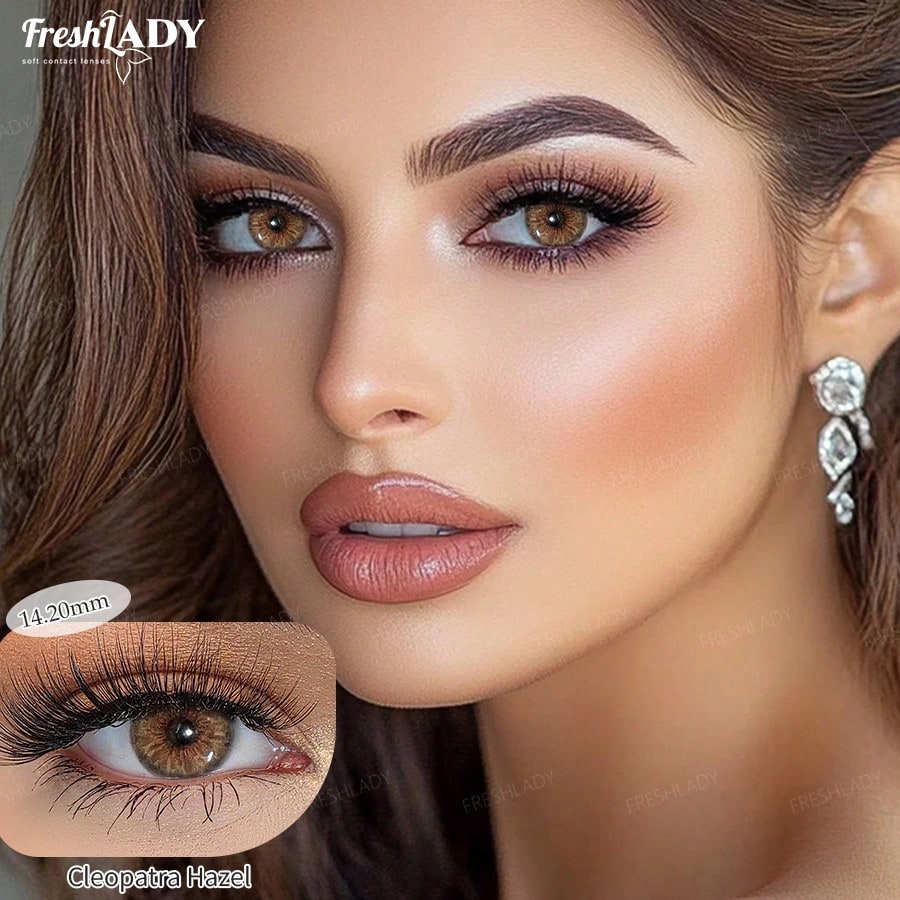 Close-up of a woman's face with detailed makeup and an inset showing brown eyes with a close-up of the eyelashes.