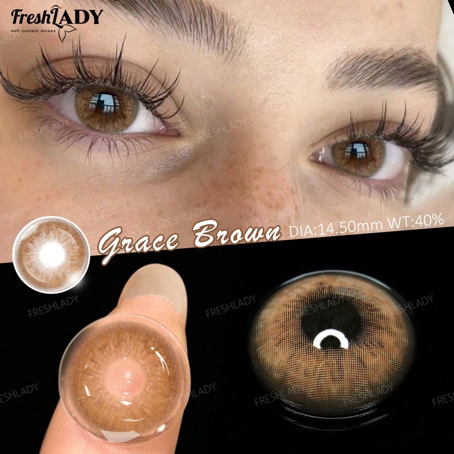Brown contact lens color demonstration on a model's eyes, with a close-up of the lens pattern, a lens shown on a fingertip, and text reading 'Grace Brown' and 'DIA-14.50mm WT-40%'.