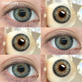 Collage of eye with contact lens and close-up of lens