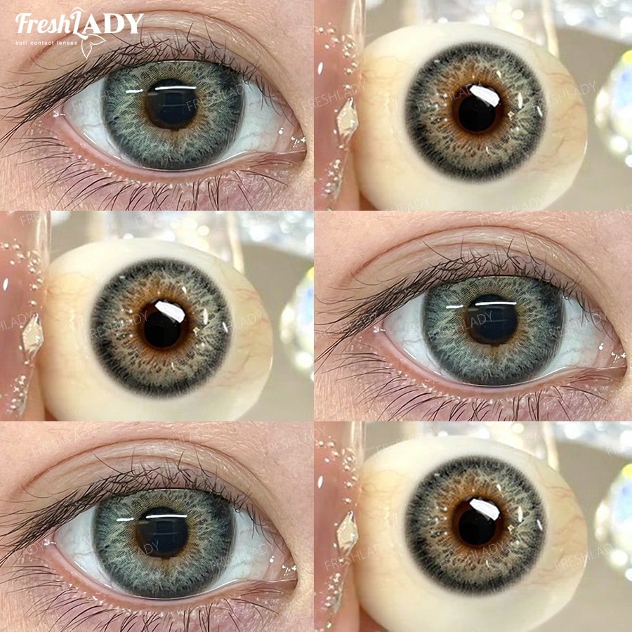 Collage of eye with contact lens and close-up of lens