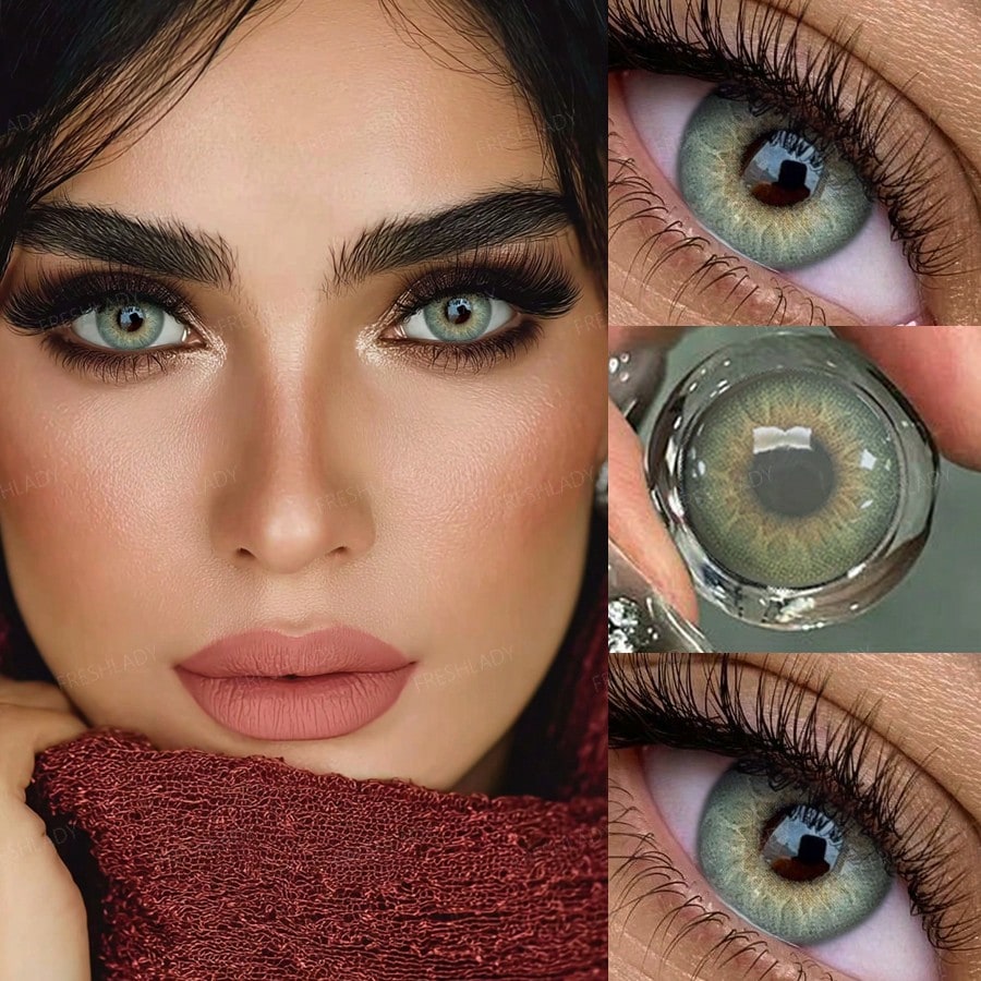 Collage of a woman's face with close-ups of green eyes and contact lenses.