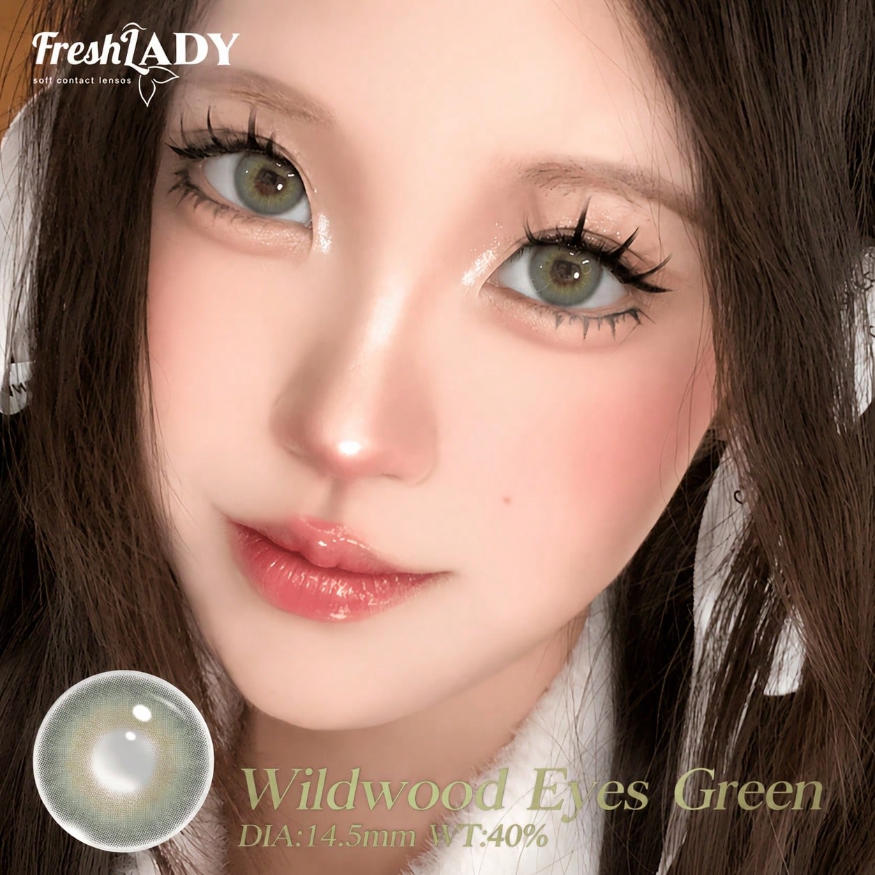 Model wearing green contact lenses with 'FreshLADY' branding and product details.