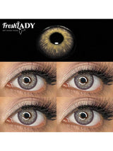 Close-up of eyes wearing gray contact lenses with FreshLady branding.