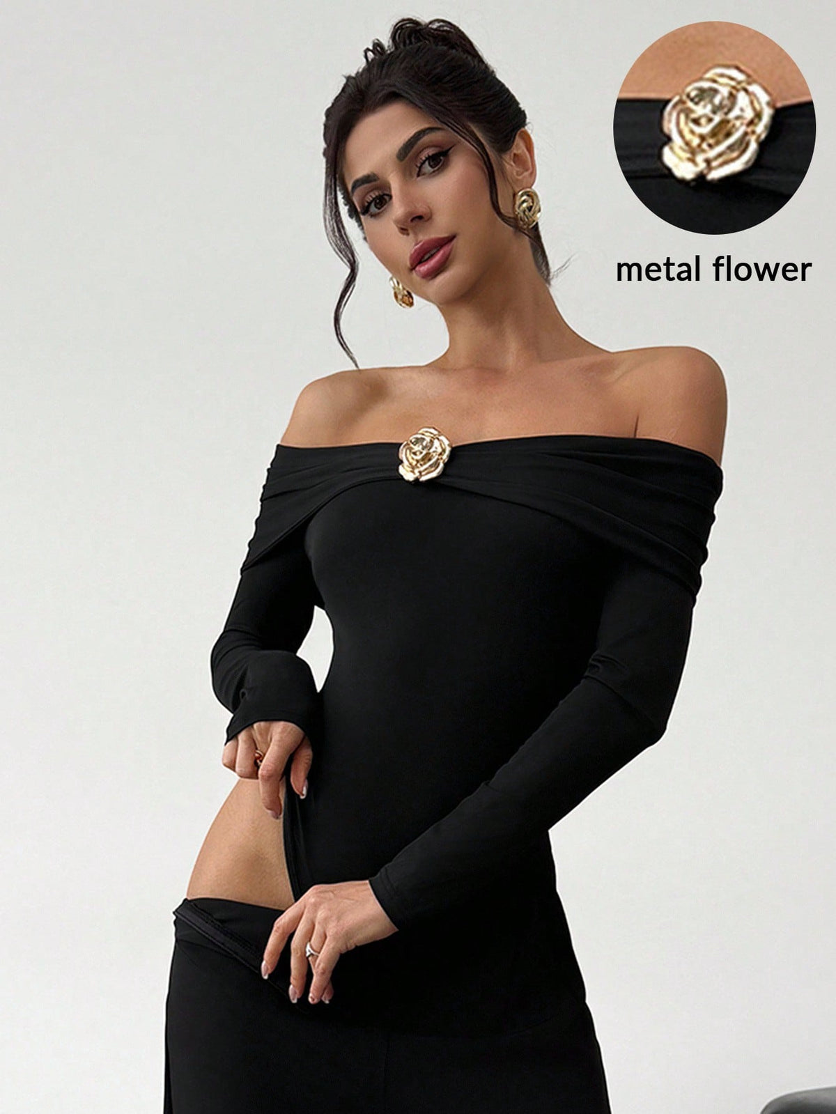 A woman modeling a black off-the-shoulder long-sleeve dress with a large gold flower brooch at the neckline. A circular inset in the top right shows a close-up of the brooch with the text 'metal flower'.