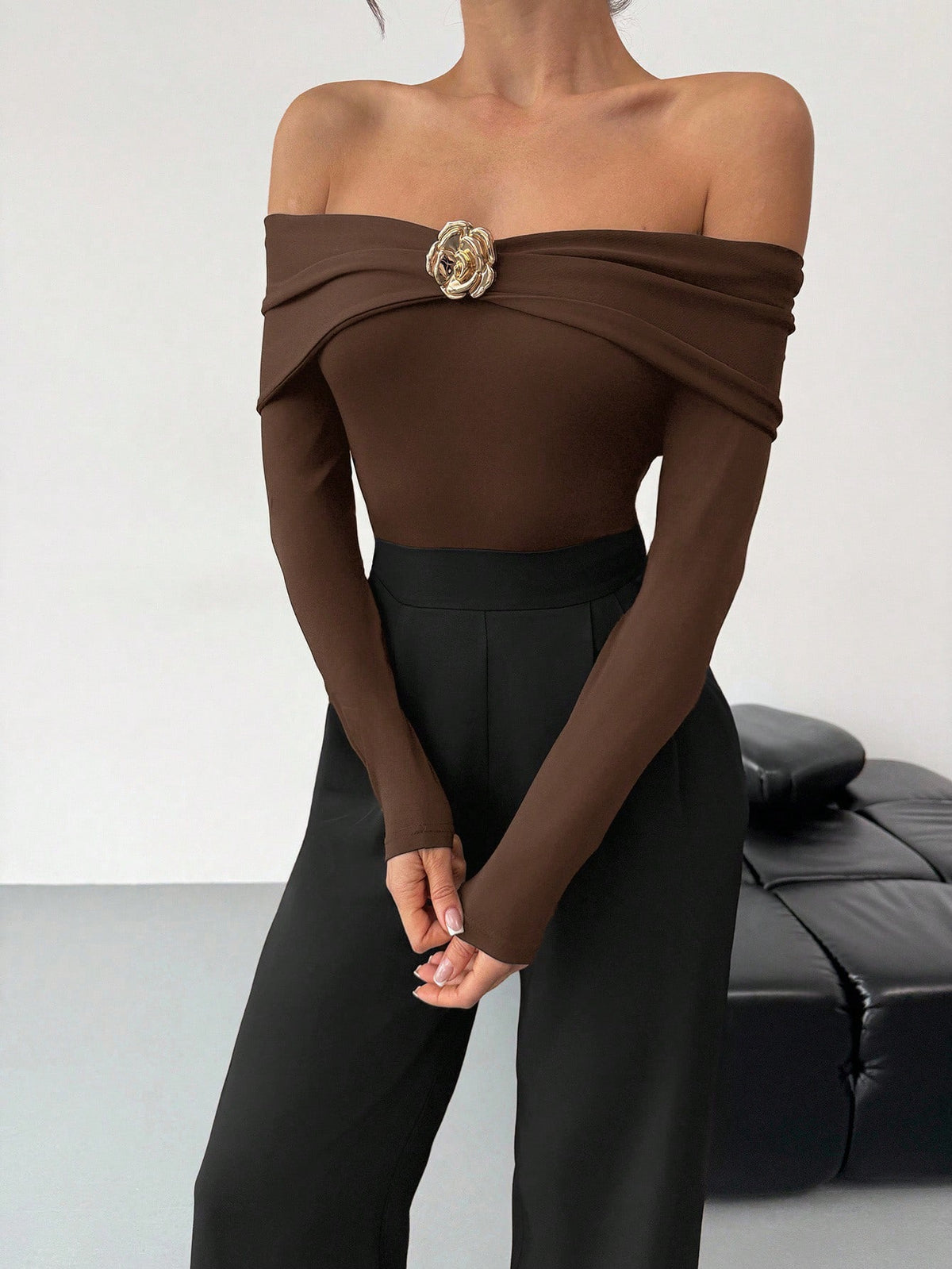 SHEIN Firerie Women's Elegant Coffee Brown Off-Shoulder Bodysuits