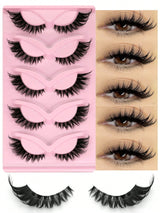 Set of false eyelashes with a pink packaging box and close-up shots of eyes wearing the lashes.