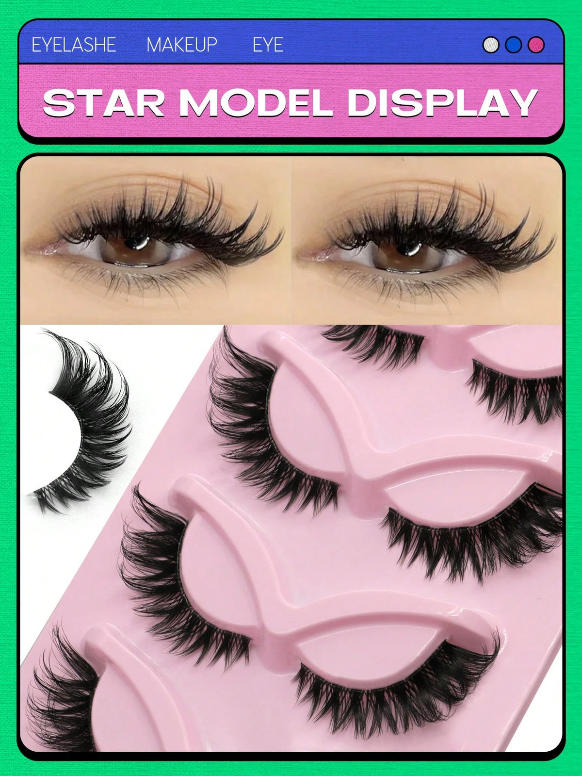 Eyelash display with close-up of eyes wearing false eyelashes and a pink case holding additional pairs.