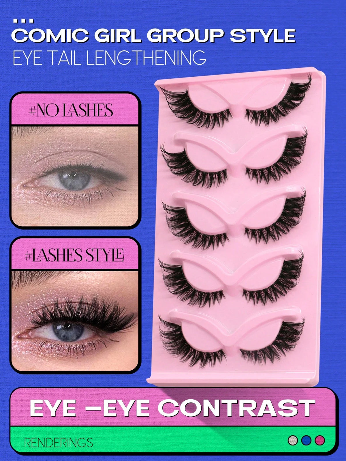 Set of false eyelashes with packaging on a blue background, showing before and after effects.