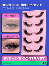Set of false eyelashes with packaging on a blue background, showing before and after effects.