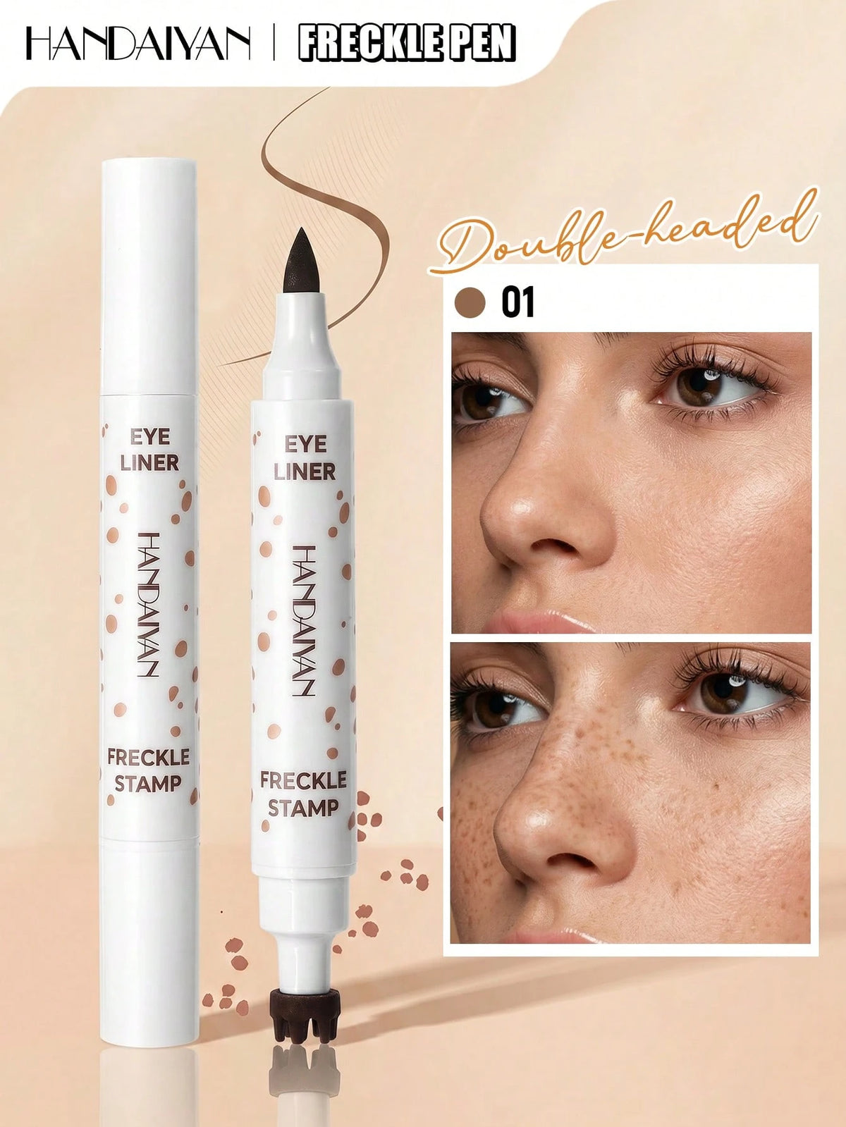 Handaiwan Freckle Pen double-ended eye liner and stamp in shade 01, shown with the pen, its cap, and two close-up panels of a model's face demonstrating the freckle-matching effect.