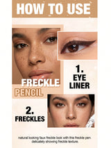 An instructional beauty graphic titled 'HOW TO USE' showing a freckle pencil and eyeliner application steps. The collage includes close-up facial photos demonstrating the product, with text reading 'FRECKLE PENCIL', '1.