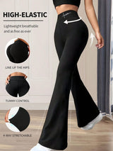 Black high-waisted pants with text highlighting features on a neutral background