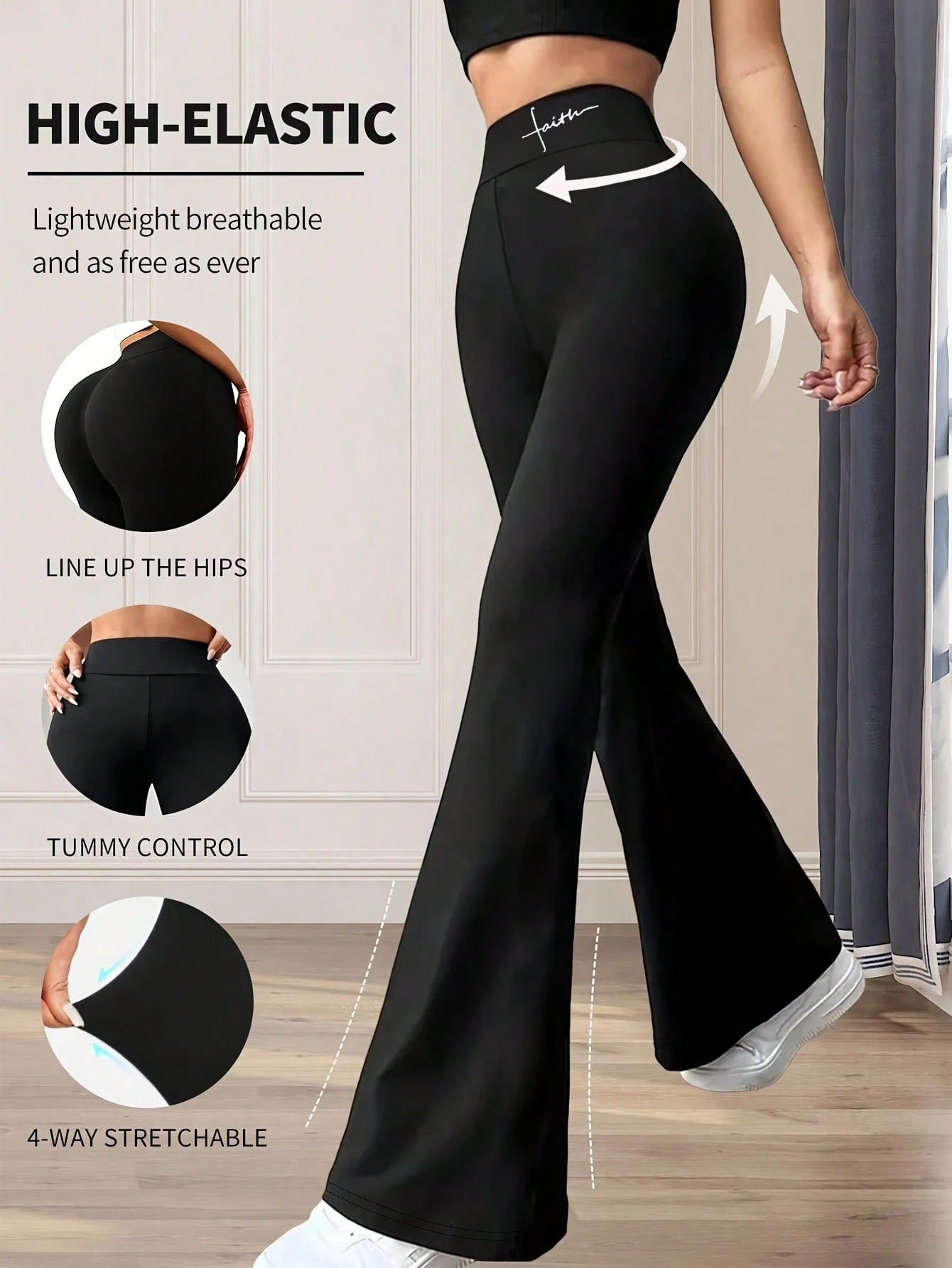 Black high-waisted pants with text highlighting features on a neutral background