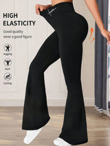 Black flared pants being worn with text highlighting high elasticity and suitability for various activities.