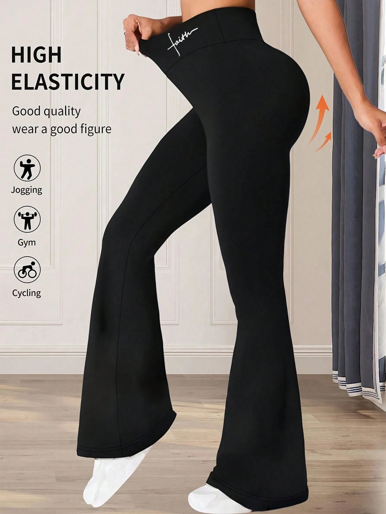 Black flared pants being worn with text highlighting high elasticity and suitability for various activities.