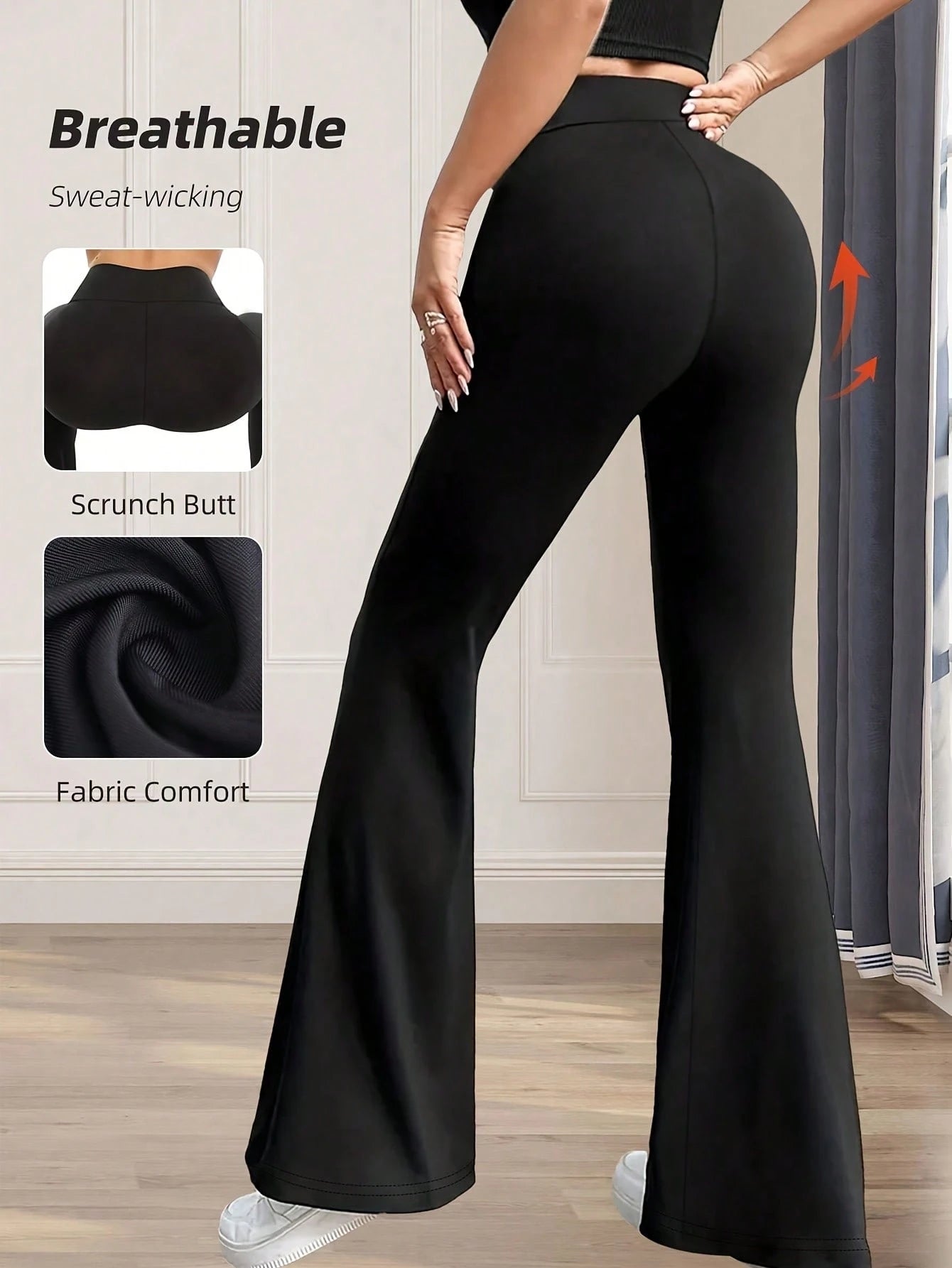Black flared leggings with text on breathability, sweat-wicking, scrunch butt, and fabric comfort.