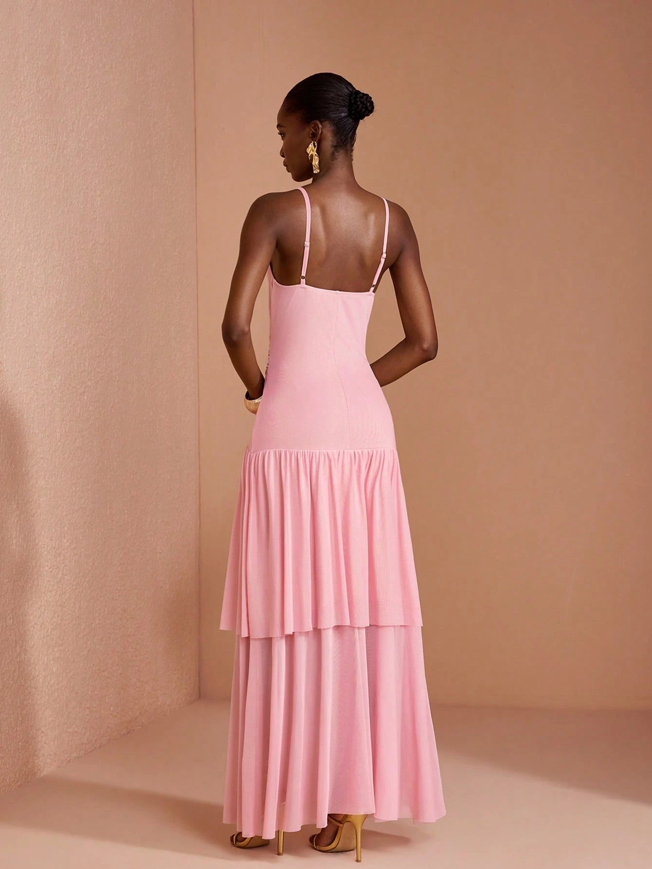 SHEIN JIAN LASALA Pink Mesh V Neck Dress
