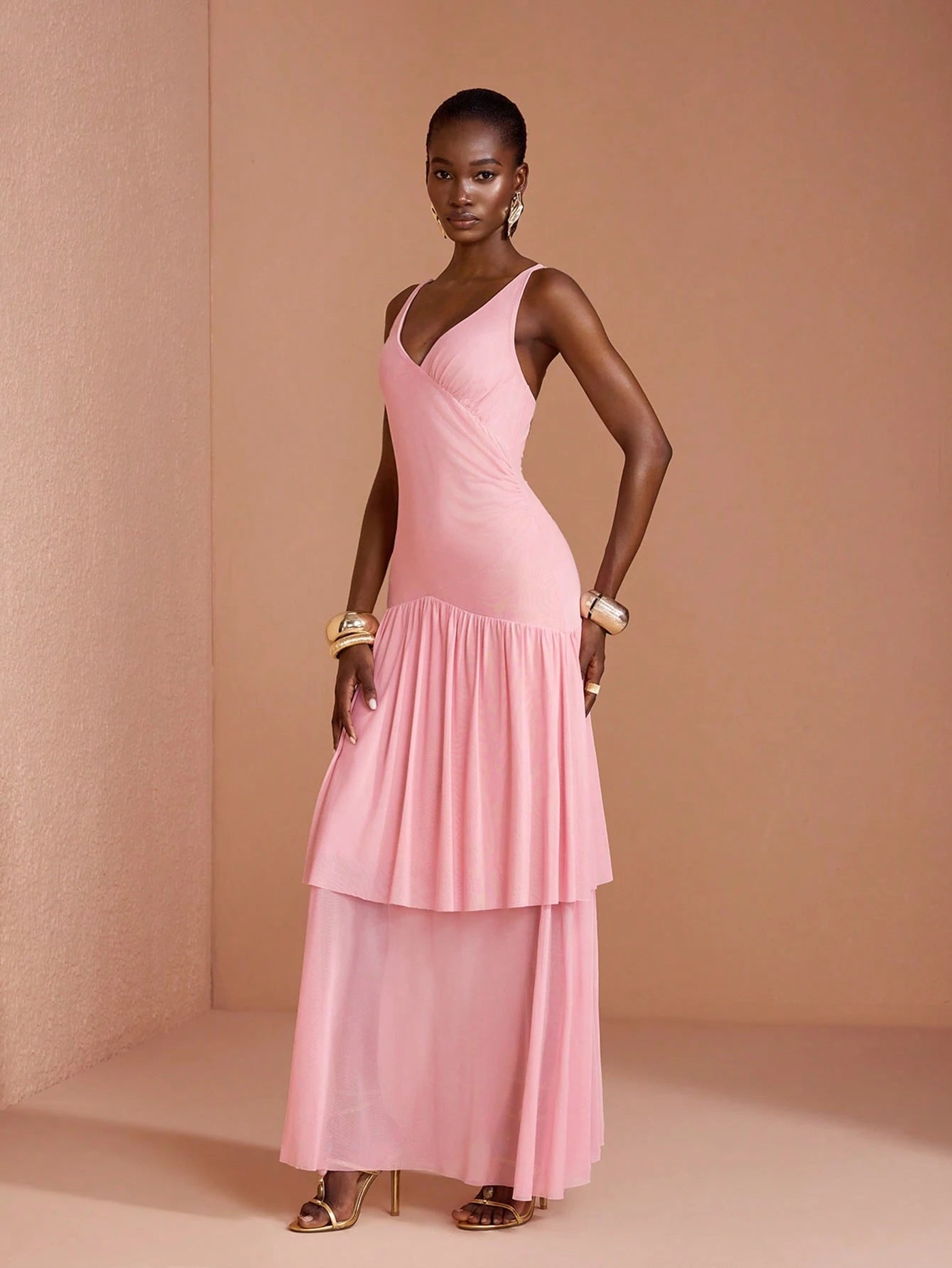 SHEIN JIAN LASALA Pink Mesh V Neck Dress