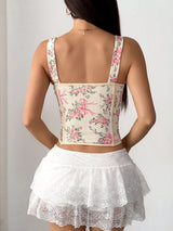 SHEIN JSE Indie Floral Print Criss-Cross Lace-Up Bowknot Corset Bustier Top