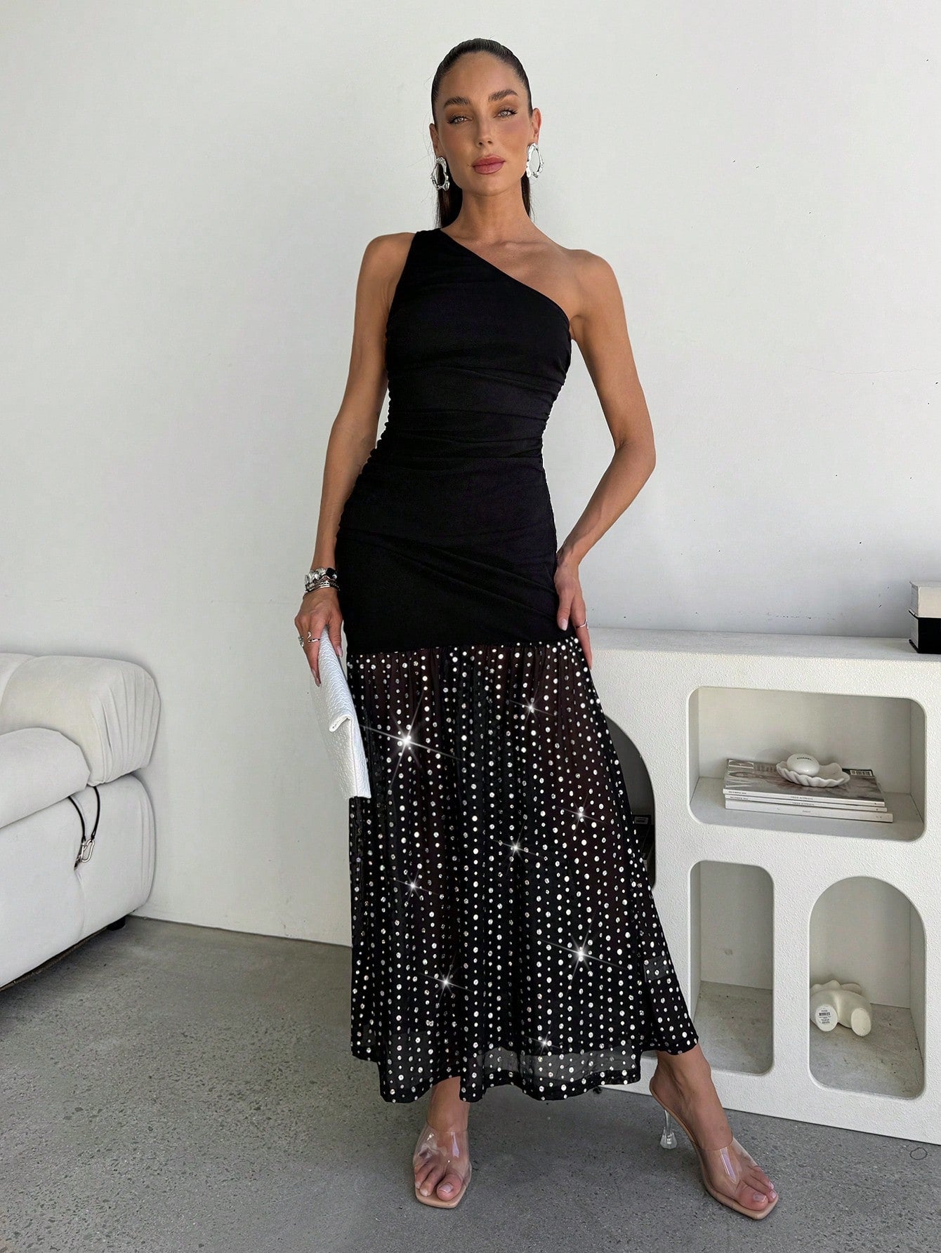 SHEIN Lavishia Elegant Spaghetti Strap Ruched Sequin Hem Dress