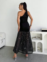 SHEIN Lavishia Elegant Spaghetti Strap Ruched Sequin Hem Dress