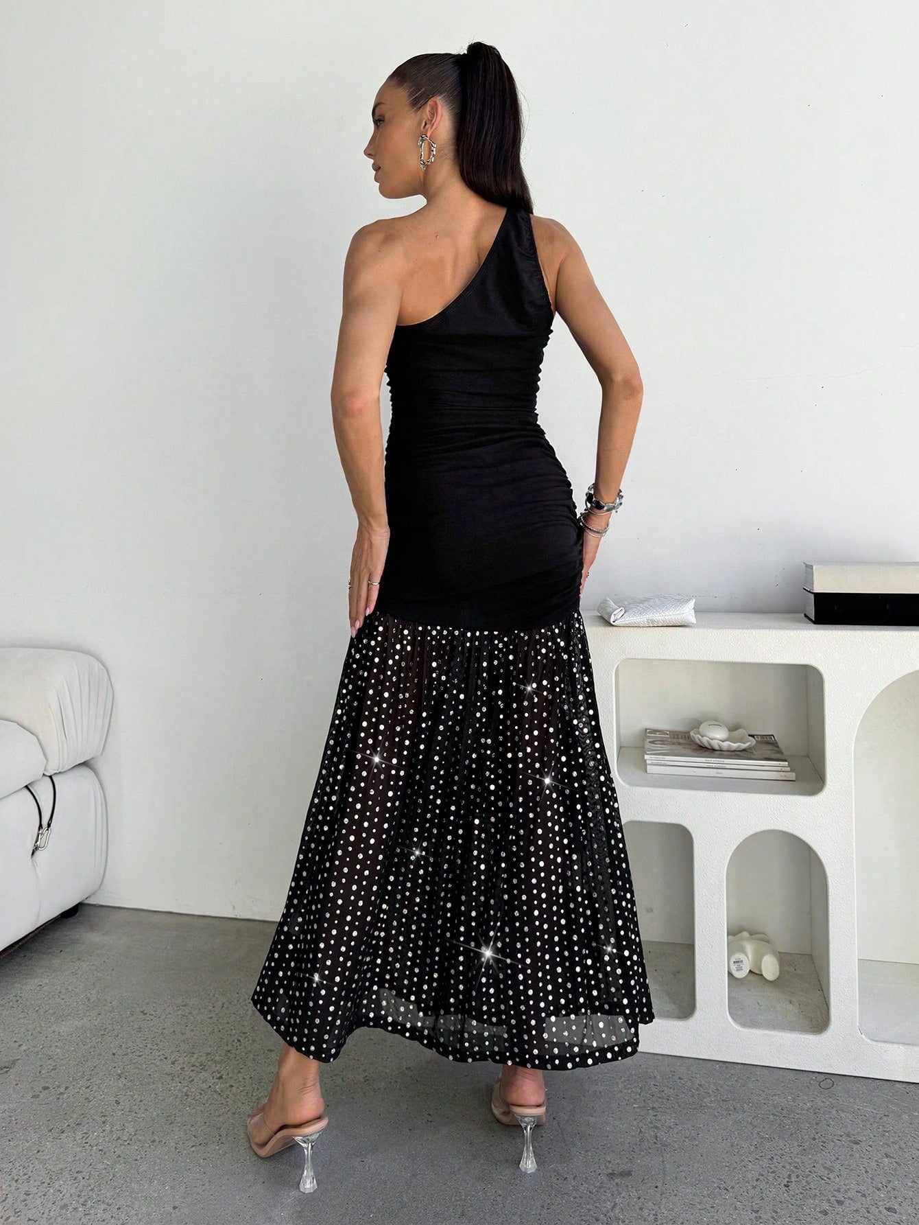 SHEIN Lavishia Elegant Spaghetti Strap Ruched Sequin Hem Dress