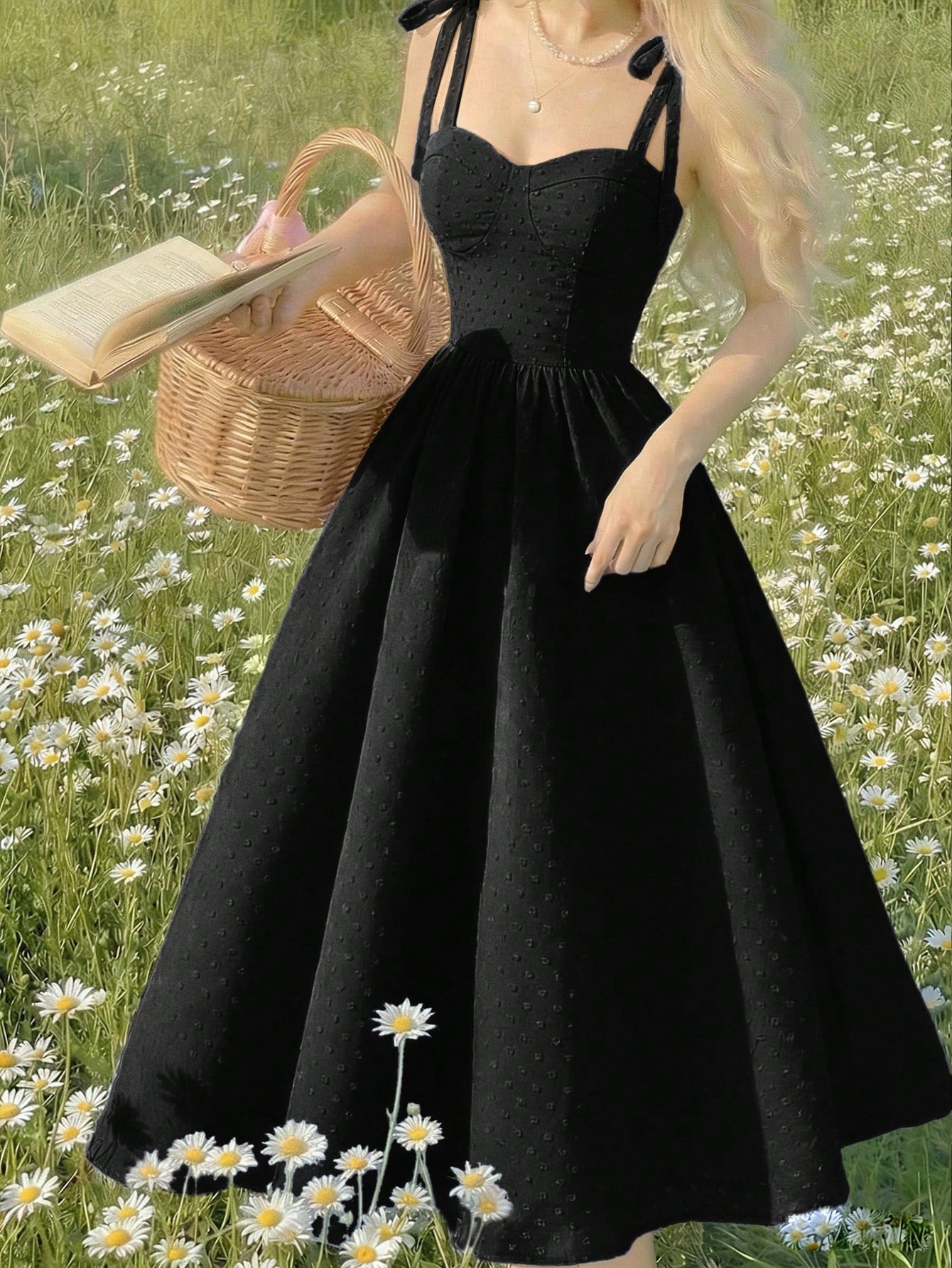 Woman in a black dress holding a basket and book in a field of flowers