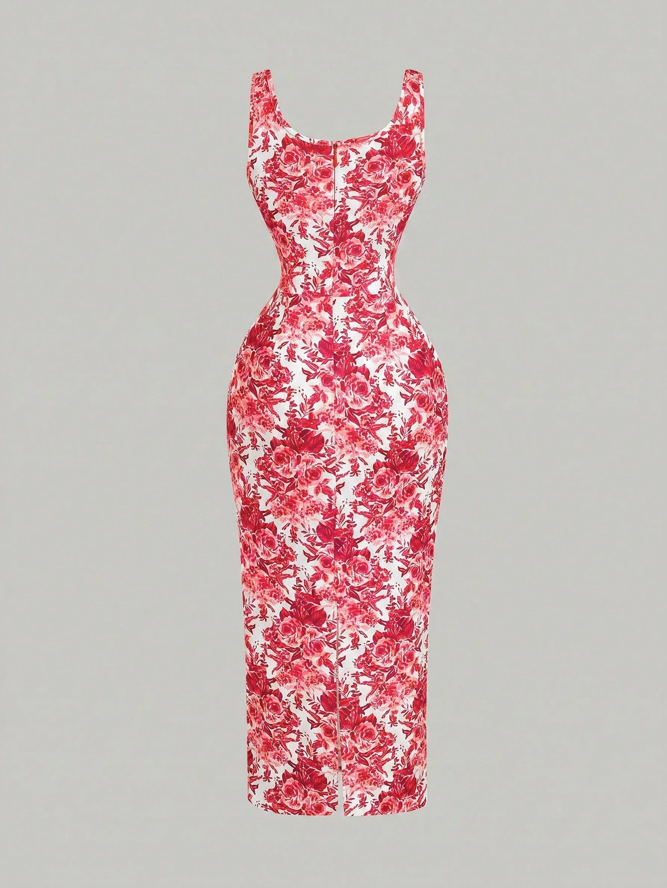 Red and white floral dress on a gray background
