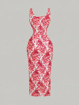 Red and white floral dress on a gray background