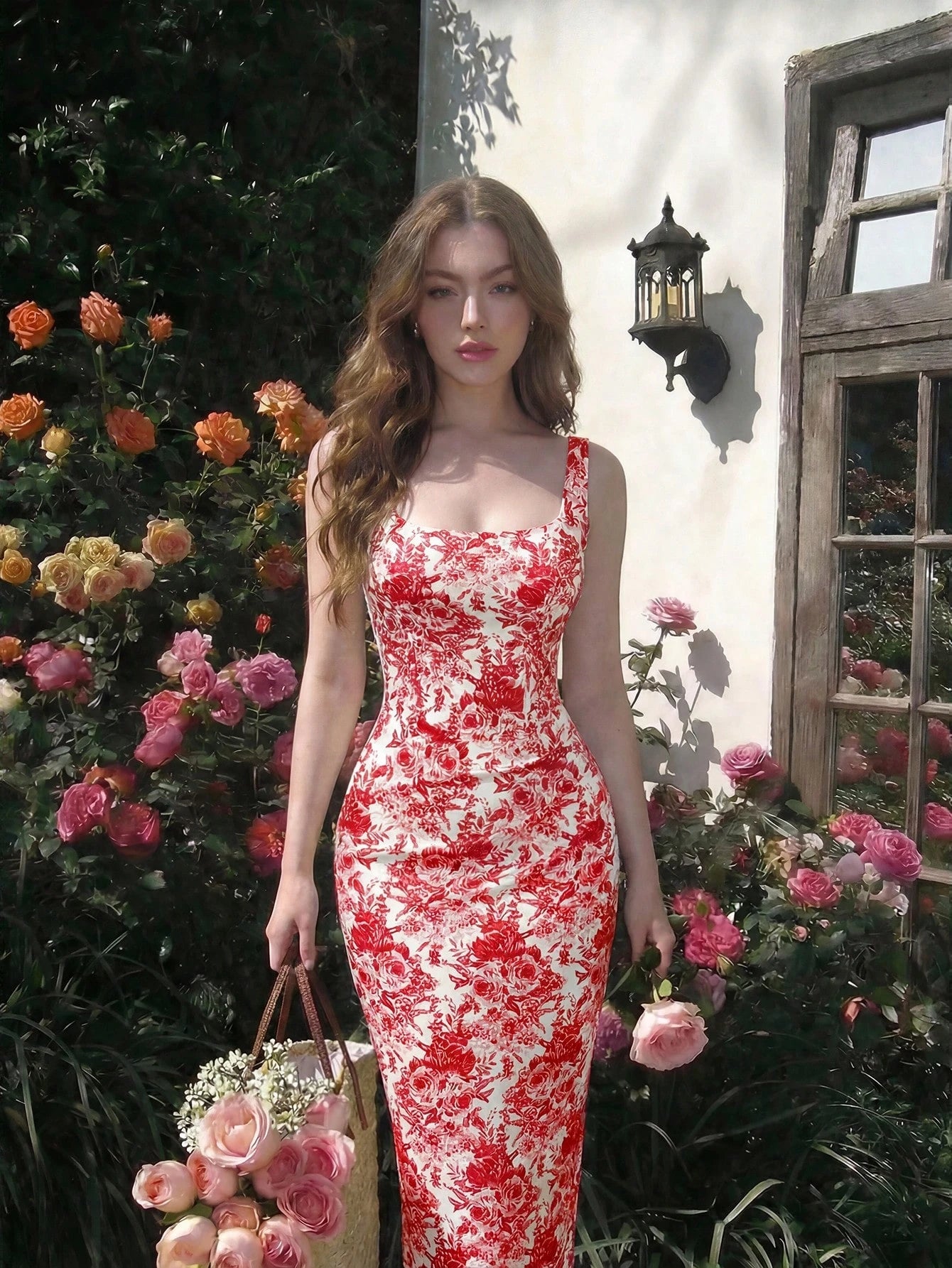 Woman in a red floral dress standing in a garden with flowers and a building in the background