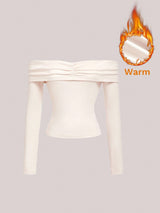 SHEIN MOD T-Shirt Plain Color Ruffle Off Shoulder Long Sleeve