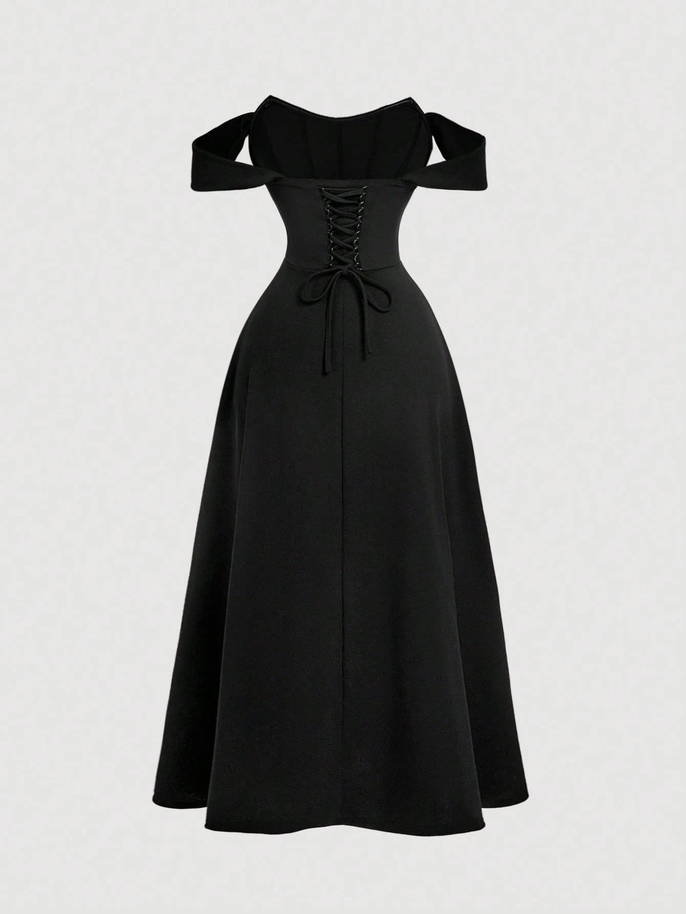 Black off-shoulder dress on a light gray background