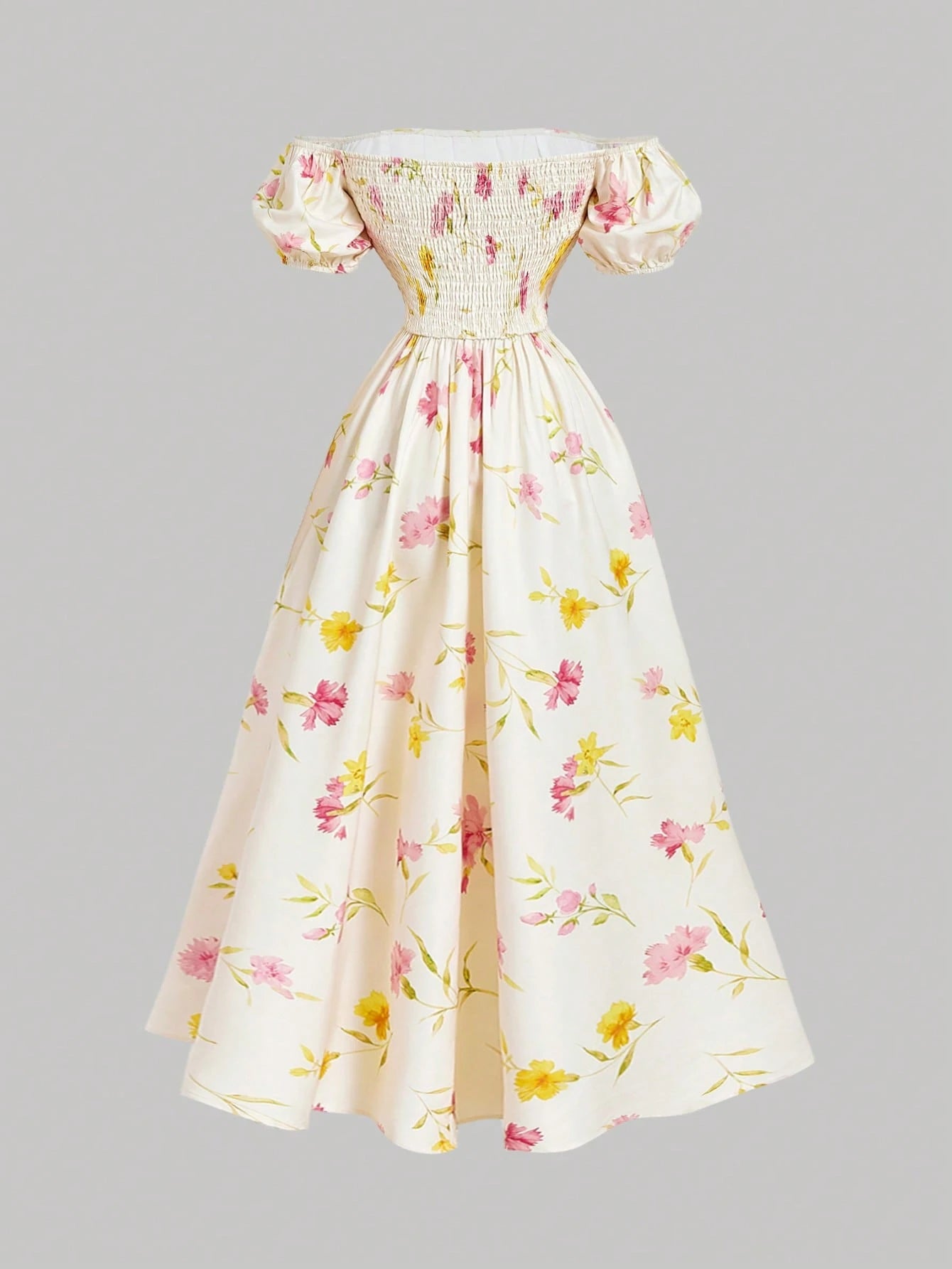 Floral dress with puff sleeves on a gray background