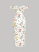 SHEIN MOD White Polka Dot Floral Midi Dress For Women,Summmer Vintage Tea Party,Elegant Off-The-Shoulder French Retro Wedding Guest Party Prom Dress