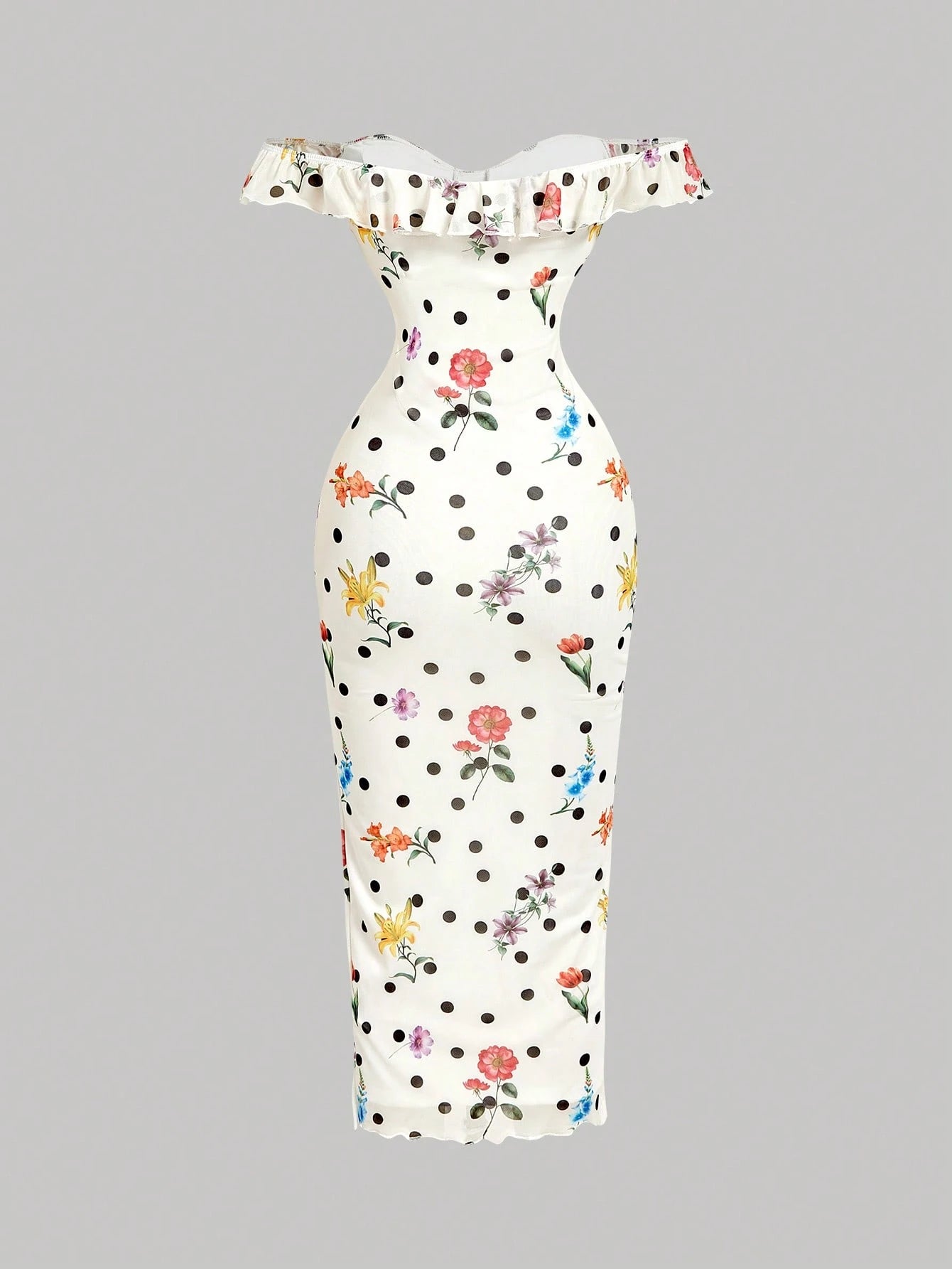 SHEIN MOD White Polka Dot Floral Midi Dress For Women,Summmer Vintage Tea Party,Elegant Off-The-Shoulder French Retro Wedding Guest Party Prom Dress