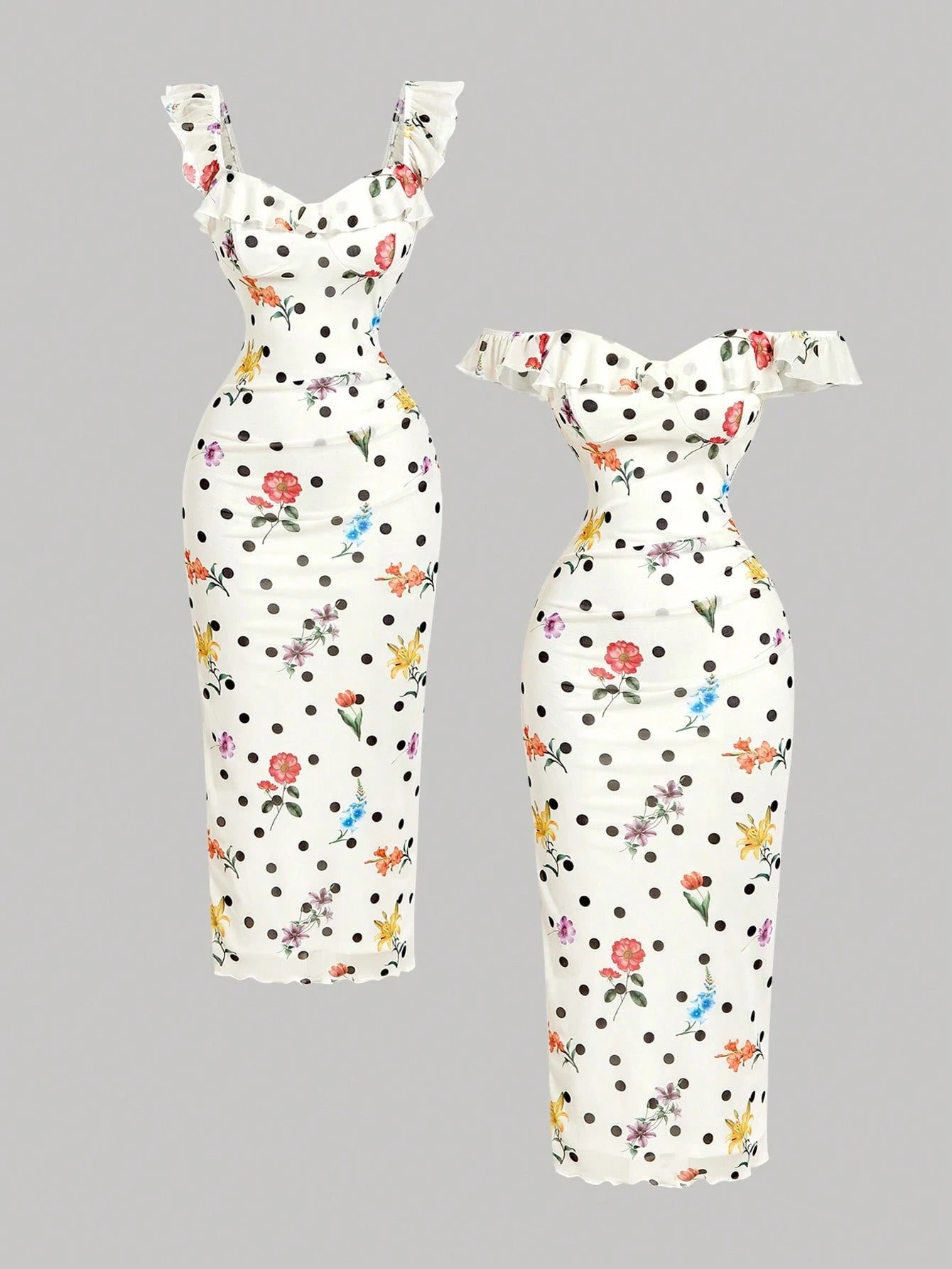SHEIN MOD White Polka Dot Floral Midi Dress For Women,Summmer Vintage Tea Party,Elegant Off-The-Shoulder French Retro Wedding Guest Party Prom Dress