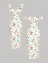 SHEIN MOD White Polka Dot Floral Midi Dress For Women,Summmer Vintage Tea Party,Elegant Off-The-Shoulder French Retro Wedding Guest Party Prom Dress