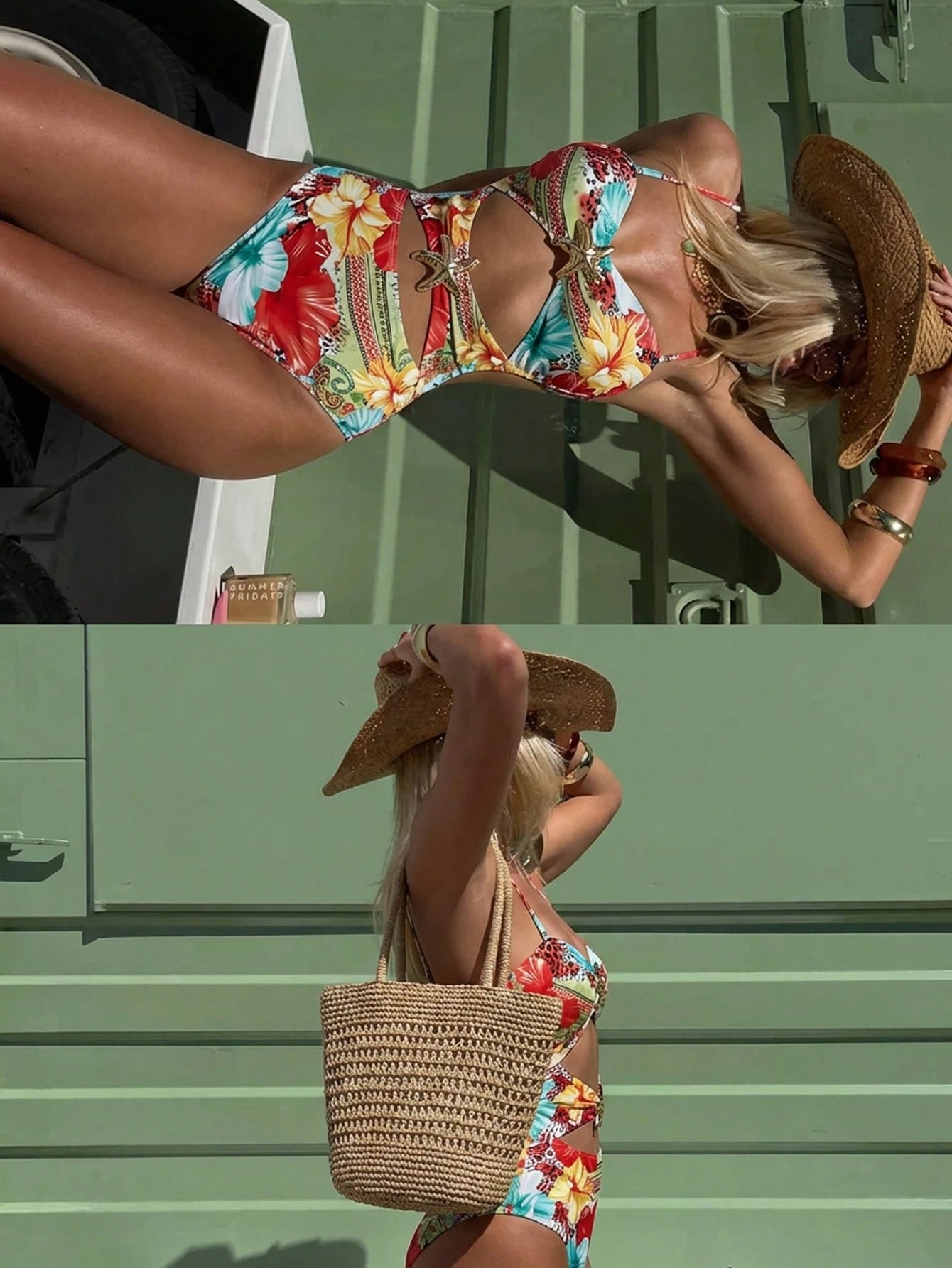Woman in a colorful swimsuit with a straw hat and bag against a green wall.
