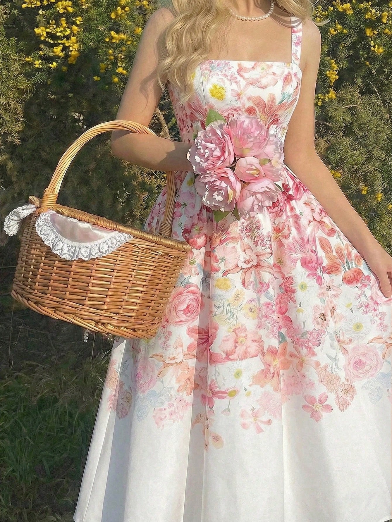 Woman in a floral dress holding a wicker basket outdoors.