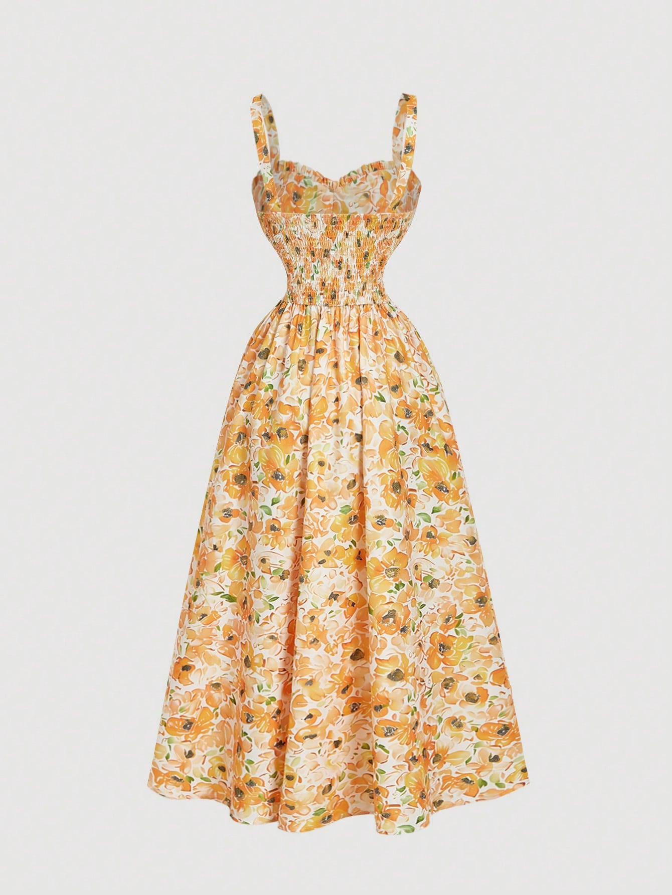 Floral dress with a yellow and green pattern on a light gray background
