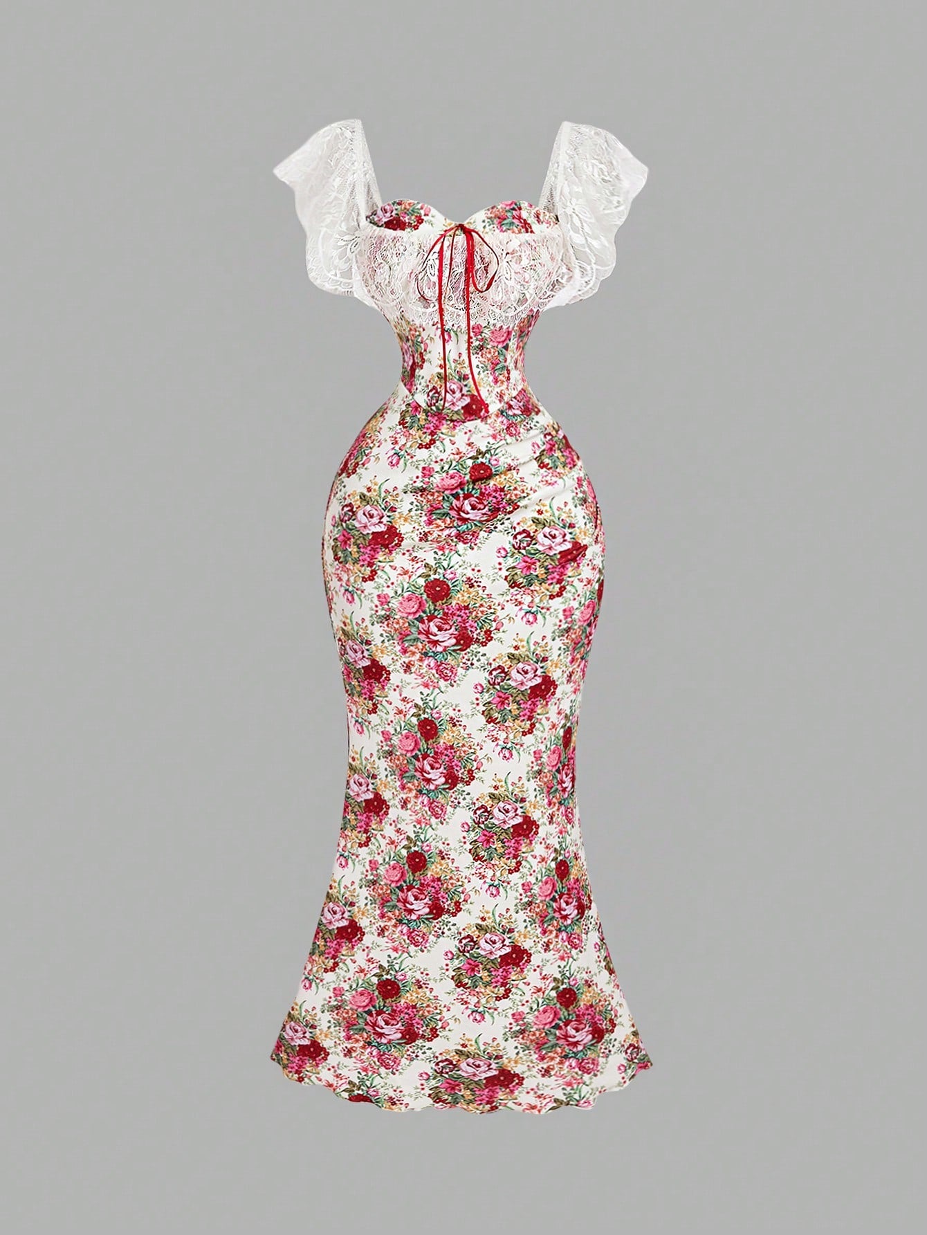 Floral dress with white lace sleeves on a gray background