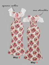Floral dress with square collar and one shoulder design on a gray background