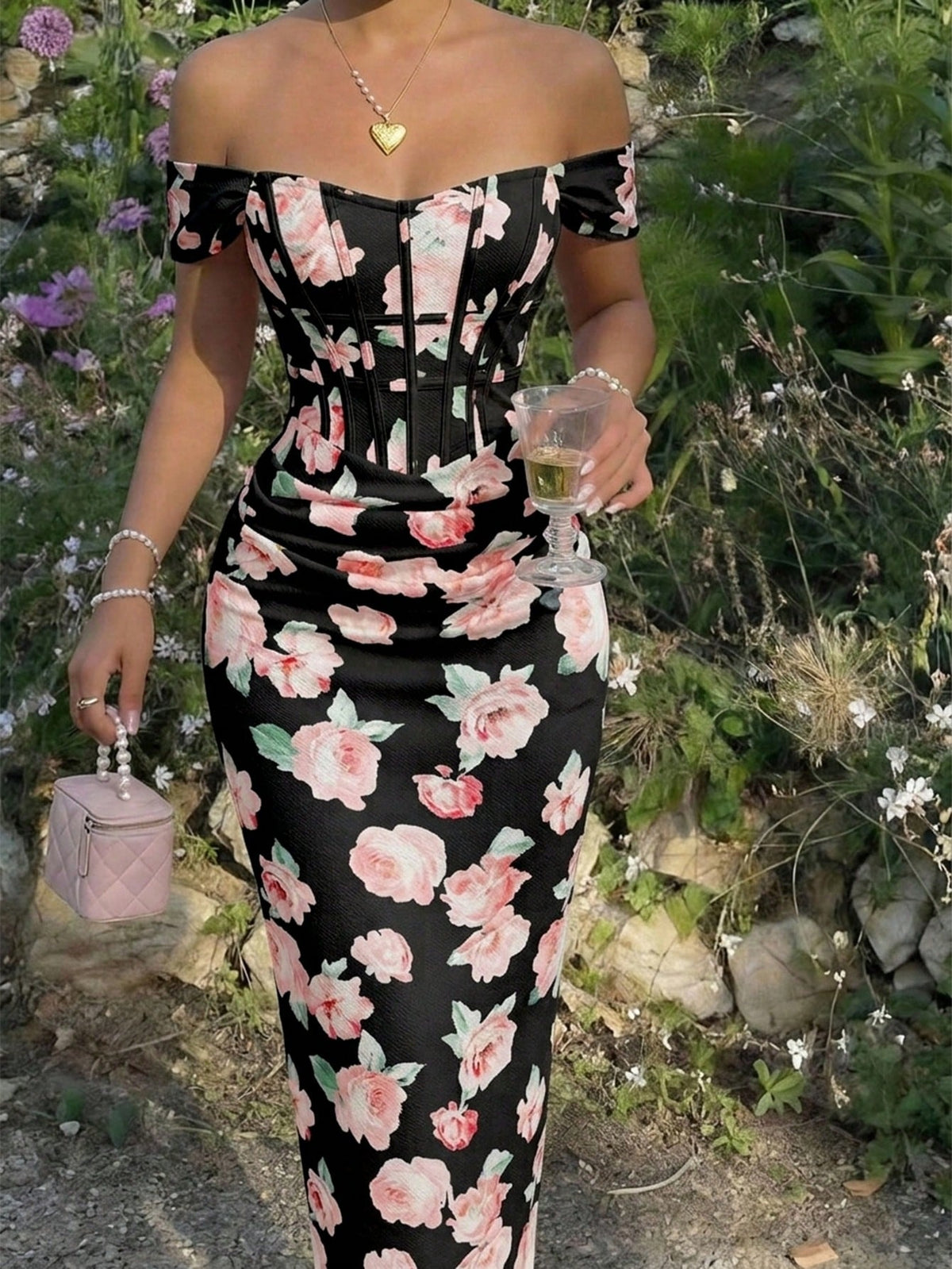 SHEIN MOD Women's Pink Floral Print Off-Shoulder Dress