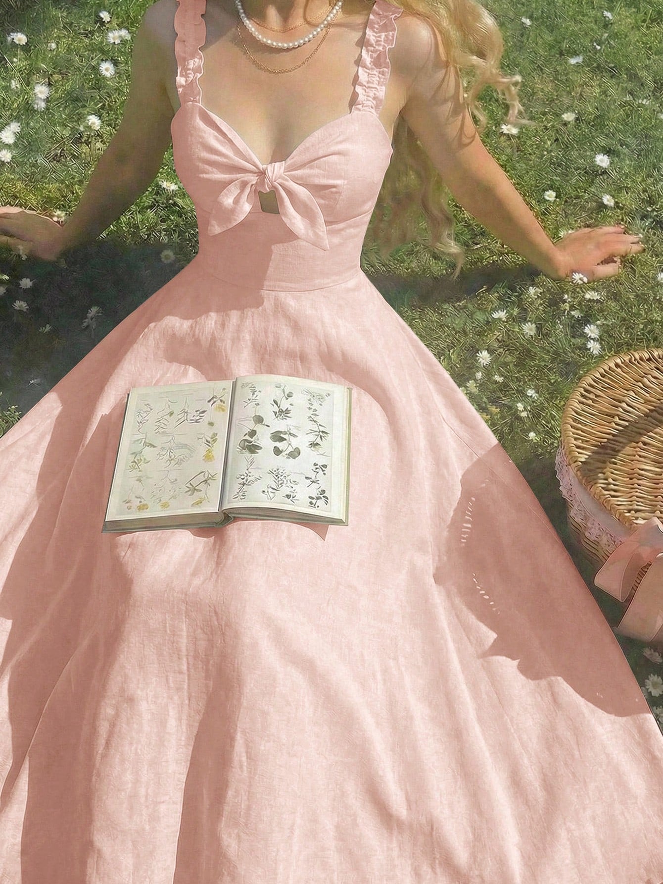 Woman in a pink dress sitting on grass with an open book