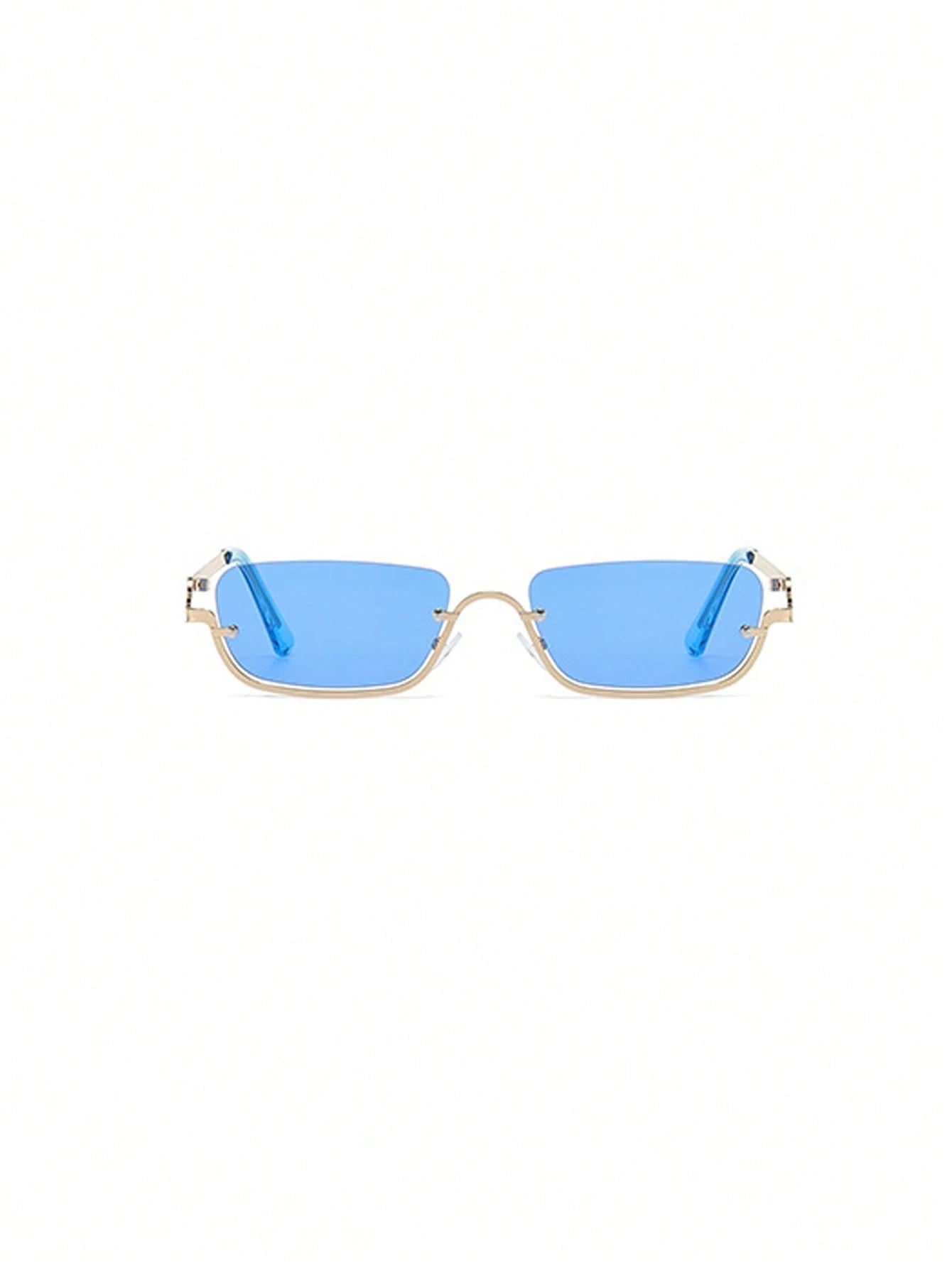 Sunglasses with blue lenses and gold frame on a white background
