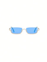 Sunglasses with blue lenses and gold frame on a white background